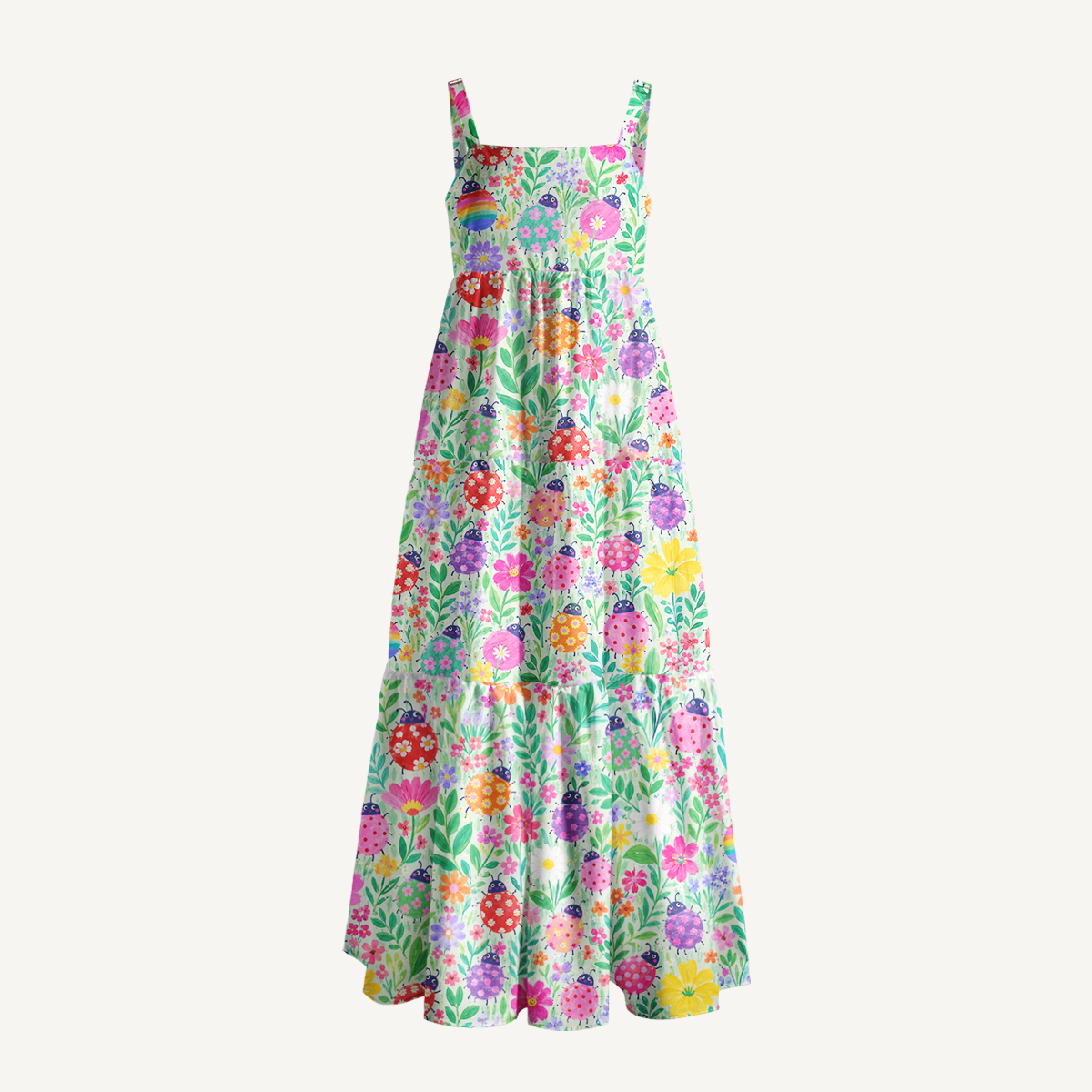 Happy Ladybug Floral Print Wide Straps Maxi Dress With Pockets