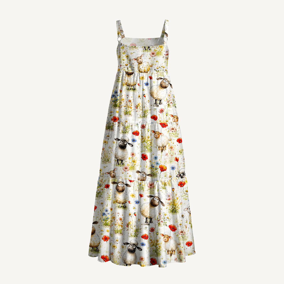 Whimsical Sheep Clipart Print Wide Straps Maxi Dress With Pockets