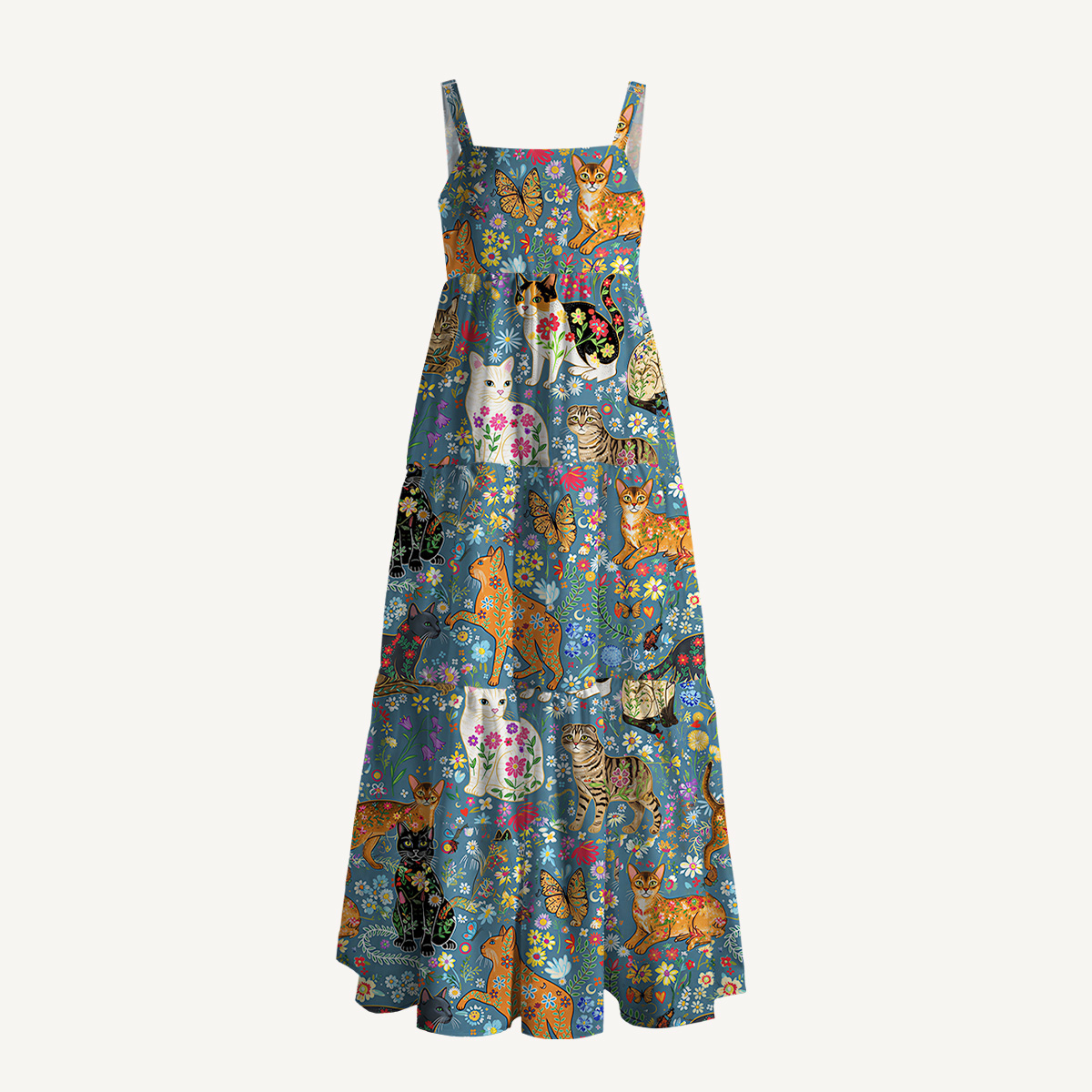 Colorful Garden Cat Pattern Wide Straps Maxi Dress With Pockets